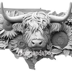 May include: A grayscale relief carving of a Highland cow's head, sunflowers, and foliage, set against the outline of the United States. The cow has long, shaggy fur and large horns. The text "2sumsandapog" is at the bottom.
