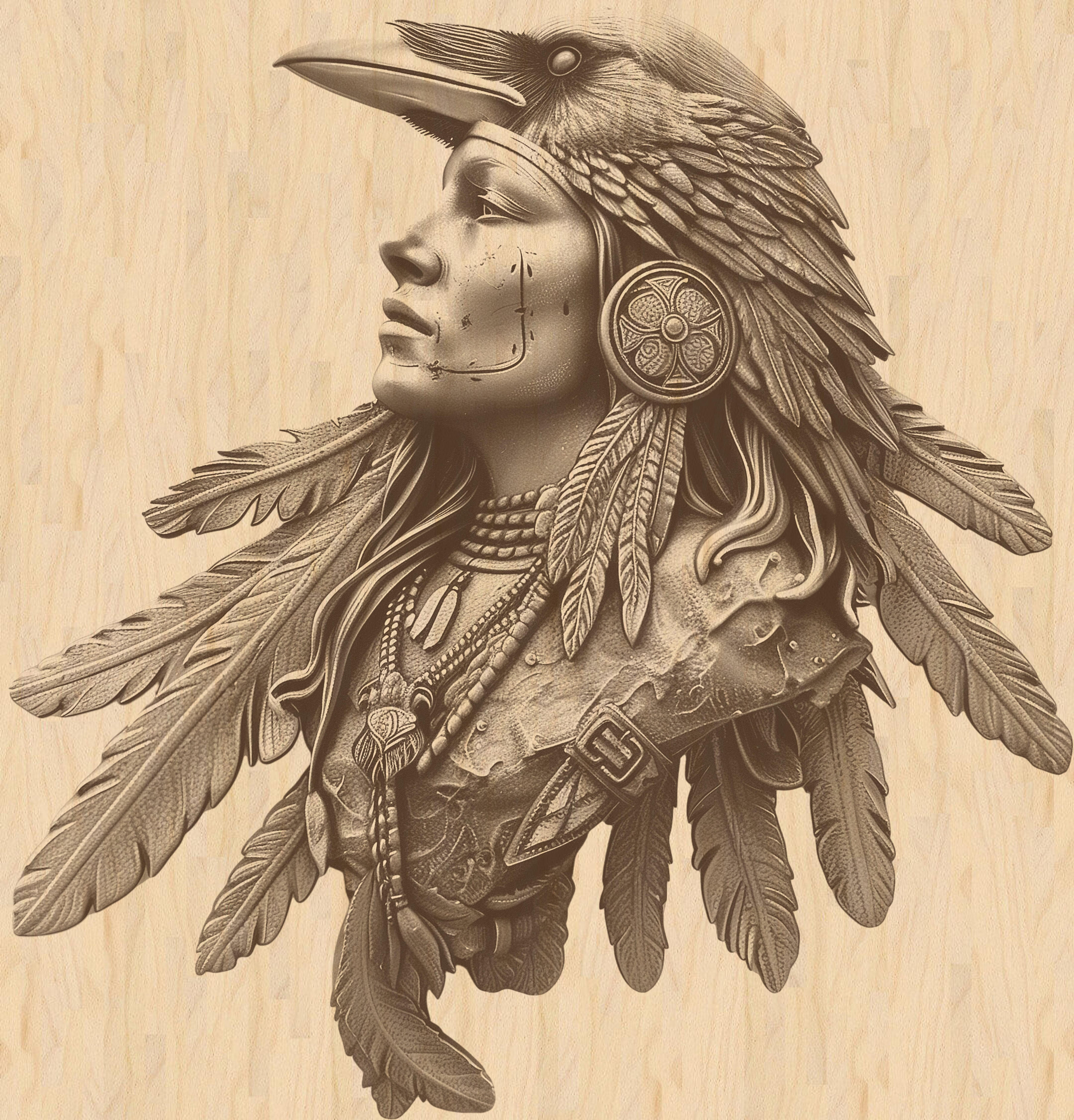 3d Illusion a Native American With a Raven Headdress Tribal for