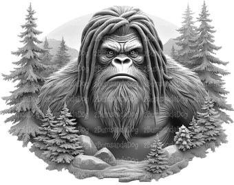 May include: A black and white illustration of a Bigfoot with long hair, standing in a forest. The Bigfoot is looking directly at the viewer with a serious expression.