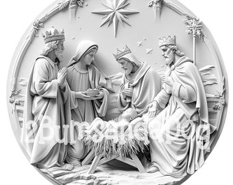 3d illusion of Three Wise Men Magi Kings with Mary and Jesus Coin Shaped for Laser Please Read Description laser ready 4 ZIP Files