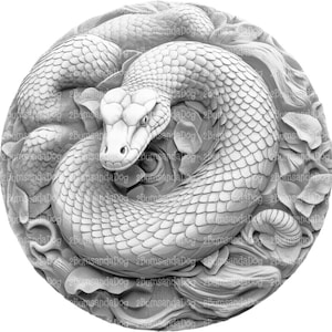 May include: A black and white detailed carving of a snake curled around a flower. The snake is depicted with scales and a forked tongue. The flower is carved with petals and leaves.