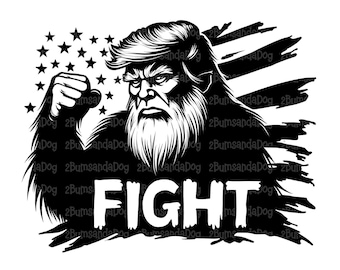 May include: Black and white illustration of a hairy figure with a beard and a hairstyle similar to Donald Trump's. The figure is wearing a red, white, and blue American flag bandana. The text "FIGHT" is written below the figure.