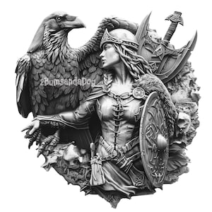 以下が含まれることがあります： 肩にカラスがとまっている女性戦士のグレーの3D彫刻。彼女はヘルメット、鎧、マントを着ています。彼女は盾と剣を持っています。彫刻は岩と頭蓋骨の背景に置かれています。