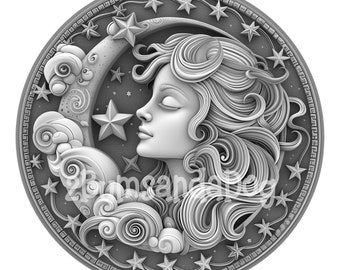 3d illusion of A Woman with the Cresent Moon and Stars Coin Shape for Laser Please Read Description laser ready 4 ZIP Files