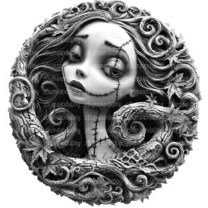 May include: Black and white circular relief sculpture of a female figure with stitched facial features and long, flowing hair. The figure is surrounded by a detailed border of leaves and swirling patterns, creating a gothic, Halloween theme.