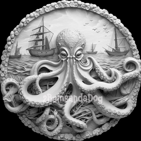 3d illusion Octopus with Ships for Laser Please Read Description laser ready