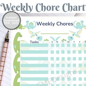 Weekly Chore Chart, Weekly Chore Template, Kids Chore Chart, Chore List, Kids Reward Chart, Dinosaur, Blue, Green, PDF, PNG, Printable