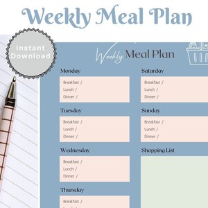 Editable Weekly Meal Planner, Digital, Printable, Weekly Meal Planner, Menu Planner, PDF,  Meal Planner, Simple Meal Planner