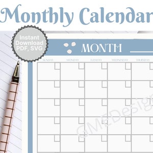 Editable Monthly Calendar Template, Printable Calendar, Digital Calendar, PDF, SVG Download, Horizontal Orientation, Blue Pink Gray
