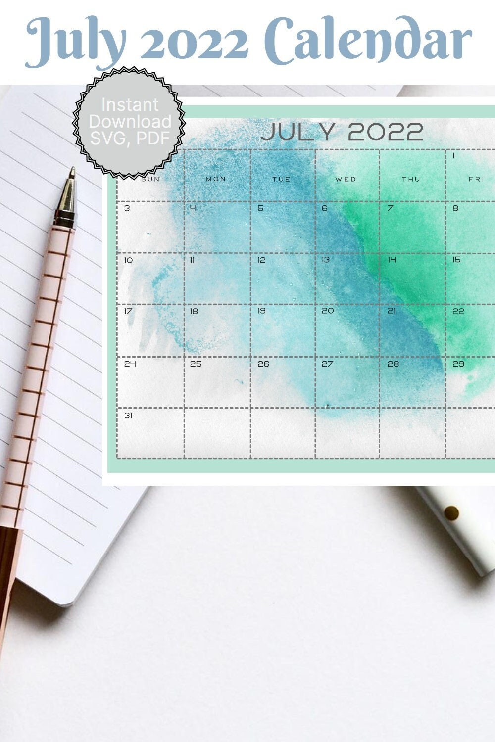 July Calendar 2022 July 2022 Monthly Calendar Blue Green Etsy