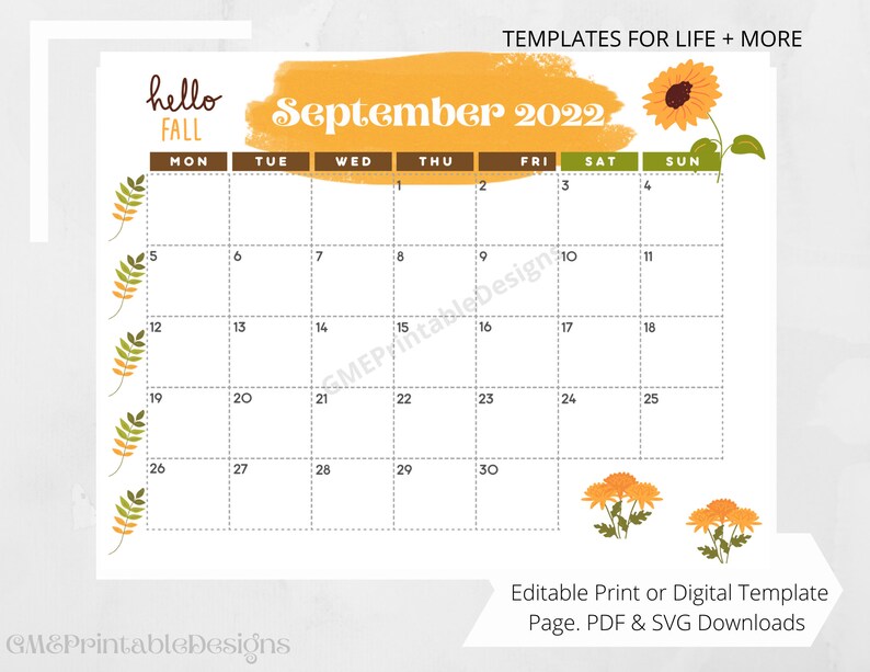 Editable September 2022 Calendar Printable Digital PDF Etsy
