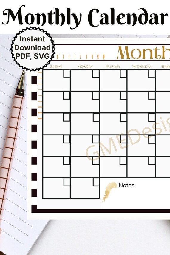 Monthly Calendar Editable Template, Printable Calendar, Digital Calendar,  PDF, SVG Download, Horizontal Orientation, Black, Gold - Etsy