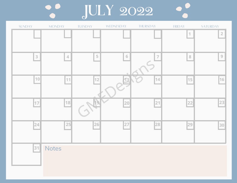 Monthly Calendar July 2022 Calendar Digital Calendar Etsy