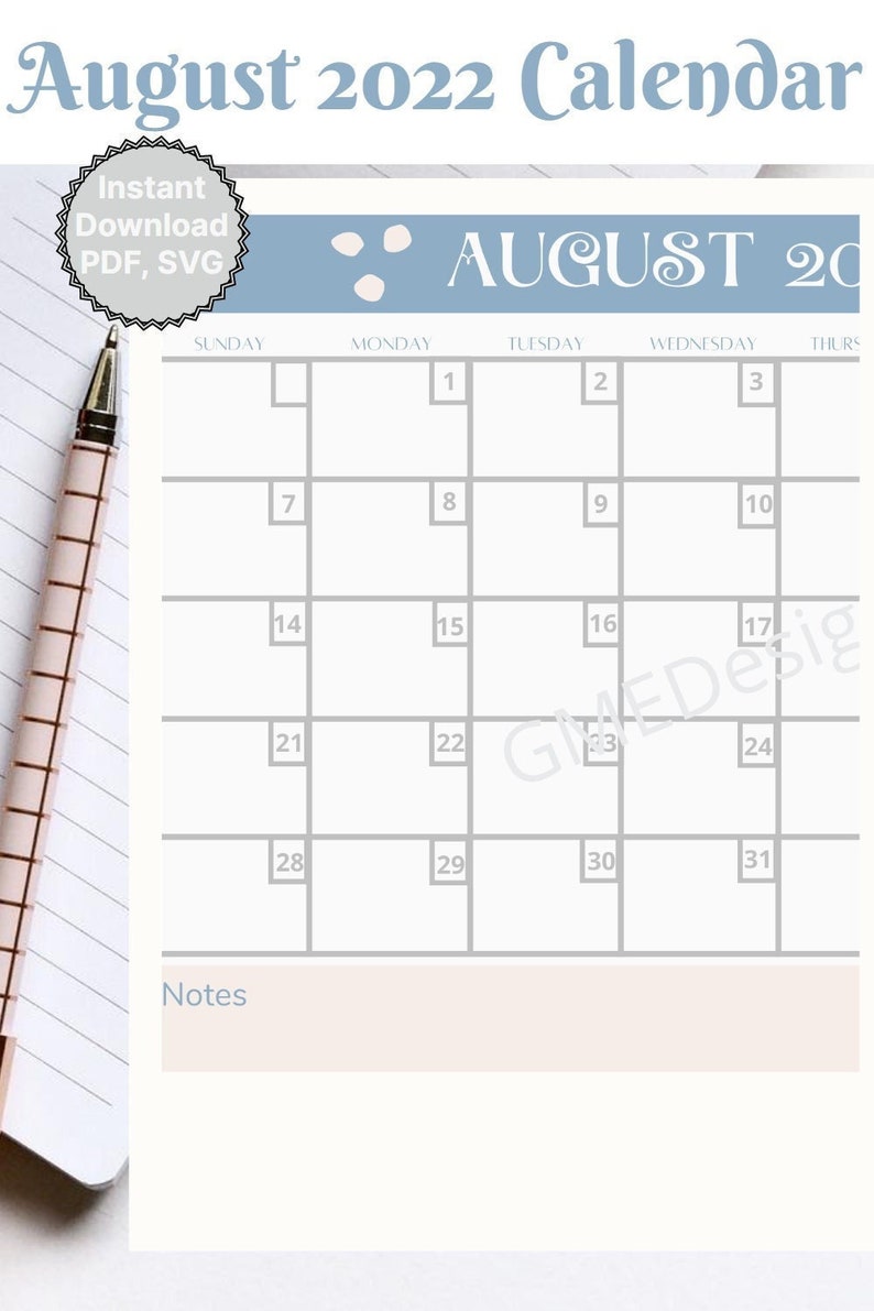 Monthly Calendar August 2022 Calendar Digital Calendar Etsy