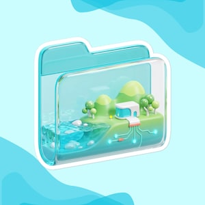 May include: A translucent teal folder icon containing a 3D landscape scene with green hills, small trees, a white building, and a body of water. The base of the landscape features glowing blue circuit lines and nodes embedded in the green terrain.