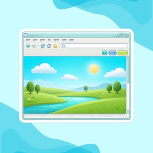 May include: A digital illustration of a computer browser window displaying a landscape scene. The window features a top navigation bar with icons and a search field. The main area shows a bright yellow sun, white clouds, green hills, and a blue river.
