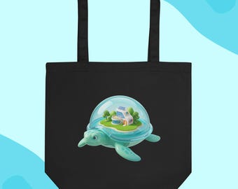 Frutiger Aero Sea Turtle Tote Bag, Organic Cotton Retro Futurism Ocean Art