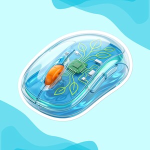 May include: A wireless computer mouse with a transparent blue shell, featuring an internal green circuit board design with leaf patterns. The device includes a bright orange scroll wheel and visible electronic components beneath the clear casing.