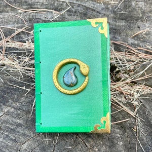 Wheel of Time inspired, wood cover, Coptic bound, green Ajah journal.