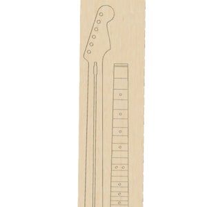 May include: A wooden template for building a guitar neck. The template includes the headstock shape, fretboard layout, and tuning peg holes.