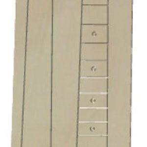May include: A template for building a guitar neck, showing the shape of the headstock and the fretboard layout.