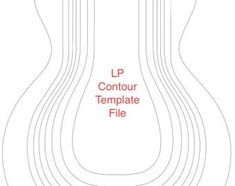 Puede incluir: Una plantilla de dibujo de líneas en blanco y negro para crear la forma del cuerpo de una guitarra. La plantilla está etiquetada como "LP Contour Template File".