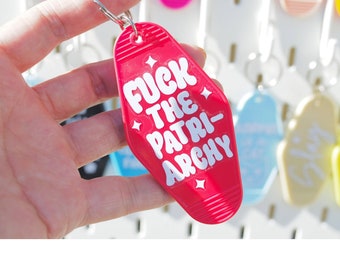 Fuck the patriarchy retro motel keychain, keyring, new driver gift, new driver key chain, new car accessories, new home gift for couple