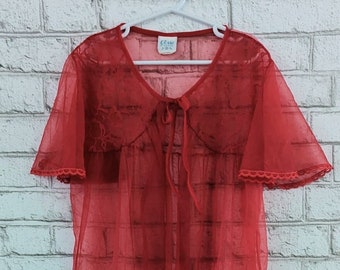 70's Elsie of Miami - Red Peignoir Négligée - Vintage -Size L