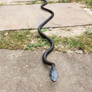 May include: A handcrafted, black metal snake sculpture, coiled on a concrete pathway. The snake's head is textured, and the body is detailed with scales. The sculpture is a unique garden or home decor item.