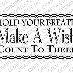 May include: Black and white printable sign with a decorative border. The text reads "Hold Your Breath Make A Wish Count To Three".