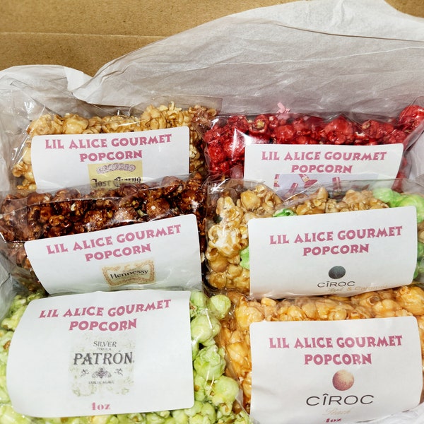 6 Sampler-Boxen mit Likör angereichertes Karamell-Popcorn, jeder Geschmack, jeder Anlass. Passen Sie Ihre Etiketten für Ihre Veranstaltung, Geburtstage für Erwachsene, Brautpartys usw. an