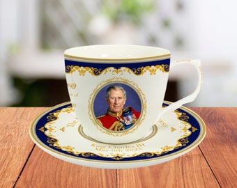 HM King Charles III Commemorative Cup and Saucer Set - Blue & Gold Regal King Design - Boxed