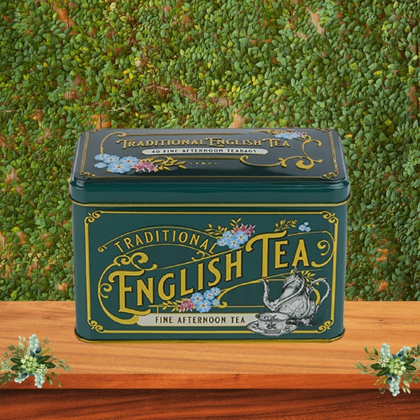 Vintage Victorian Bottle Green English Tea Caddy Tin - 40 English Teabags - Souvenir Memorabilia Gift