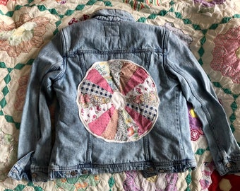 Handmade Vintage Quilt Piece Sherpa Denim Jacket