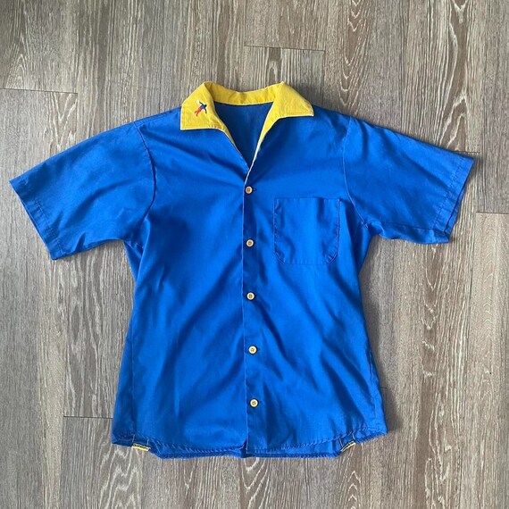 Vintage 60s 70s Blue/Yellow Bowling Button Up Sho… - image 3