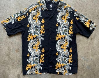 Y2K 2000s Jnco Style Guess Denim Jeans Dragon Flames Short Sleeve Button Up Shirt