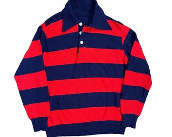 Vintage 1970s Red/Navy Striped Long Sleeve Polo Shirt