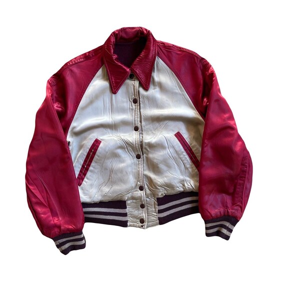 1960s Beige burgundy Reversible Silk satin Wool Varsity