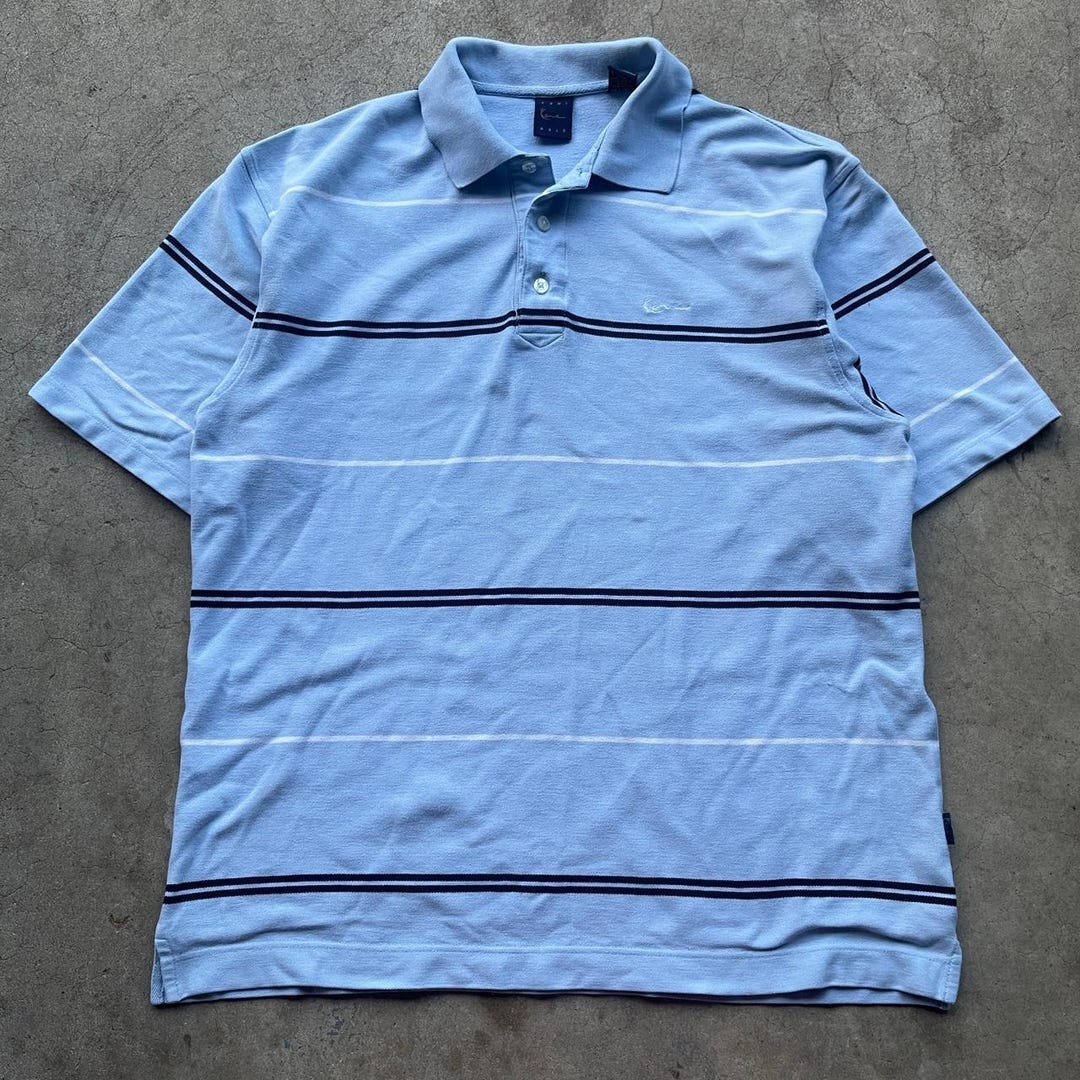 Y2K 2000s Hip-hop Bling Era Baby Blue Striped Karl Kani Baggy Polo
