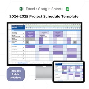 May include: A computer screen displaying a project schedule template for the year 2024-2025. The template is organized by month and includes a list of tasks, team members, and deadlines. The template is designed for use in Excel or Google Sheets.