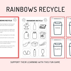 May include: A printable educational game for kids to learn about recycling. The game includes images of different items and four recycling bins labeled "Paper", "Glass", "Plastic", and "Food".