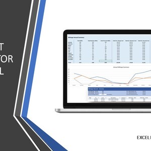 Peut inclure: Un ordinateur portable affiche un calculateur de coûts de carburant et un journal de kilométrage annuel. L'écran montre une feuille de calcul avec des données et un graphique linéaire. Le texte à gauche indique "FUEL COST CALCULATOR & ANNUAL MILEAGE LOG". Le logo de téléchargement de fichier Excel est en bas à droite.