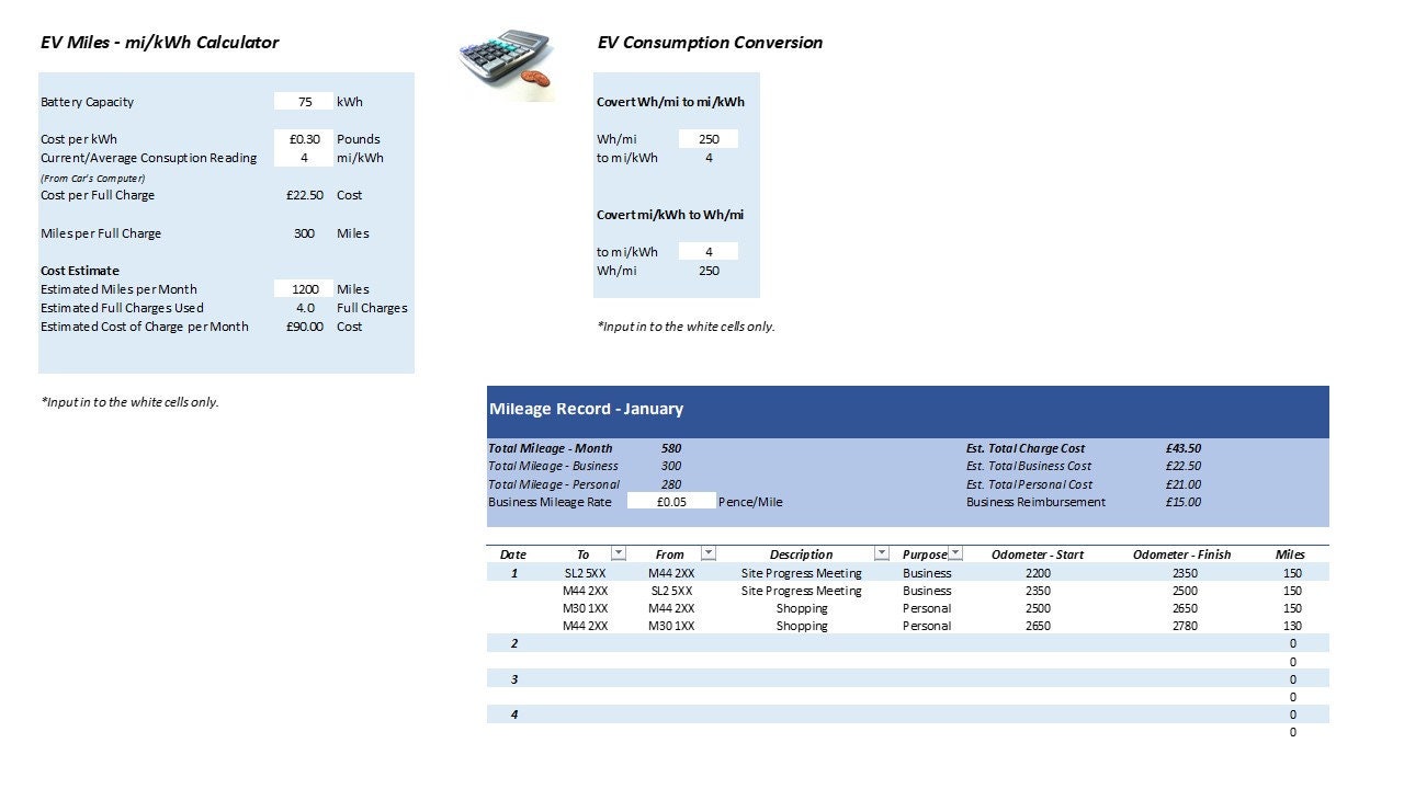 Electric Vehicle EV Estimated Charge Cost Calculator & Annual Mileage Log Excel Etsy