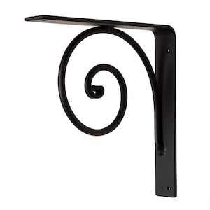 May include: A matte black metal shelf bracket featuring an L-shaped frame with a flat horizontal top and a vertical back plate. A prominent, curved scroll design connects the two sections, providing structural support with visible screw holes.