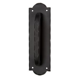 May include: A matte black door handle featuring a rectangular backplate with scalloped edges and rounded ends. The central grip has a textured, hammered finish. Four small circular screw holes are positioned at the corners of the backplate.
