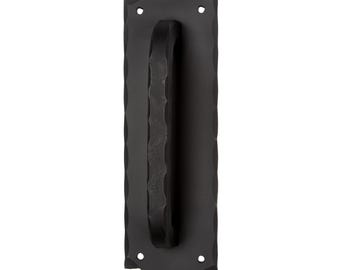 May include: A matte black door handle featuring a rectangular backplate with scalloped edges and rounded ends. The central grip has a textured, hammered finish. Four small circular screw holes are positioned at the corners of the backplate.