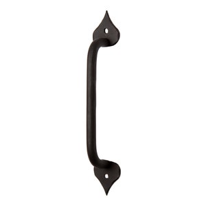 May include: Black metal door pull with a pointed, heart-shaped design at the top and bottom.