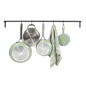 May include: A kitchen cookware set featuring a black hanging bar with various pots and pans in a soft green color. The set includes a colander, two frying pans, and a small saucepan, along with a matching green and white checkered kitchen towel.