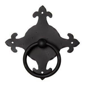 May include: Black metal door knocker with a ring pull and a decorative fleur-de-lis design.