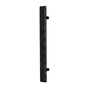 May include: Black metal door pull with a hammered finish. The pull has a rectangular shape with rounded edges and two small screws on each end.